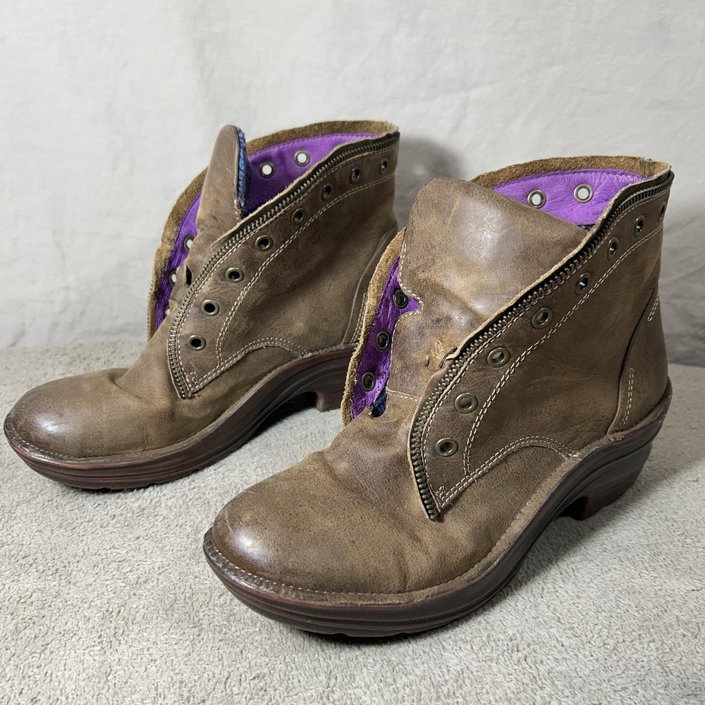 Bionica Brown Leather Ankle Boots Womens 9 M Plaid Lined Zip No Laces